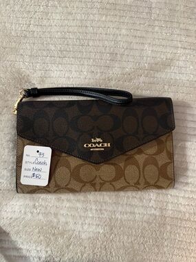 Coach Two-Tone Brown Signature Wristlet Clutch with Black Strap